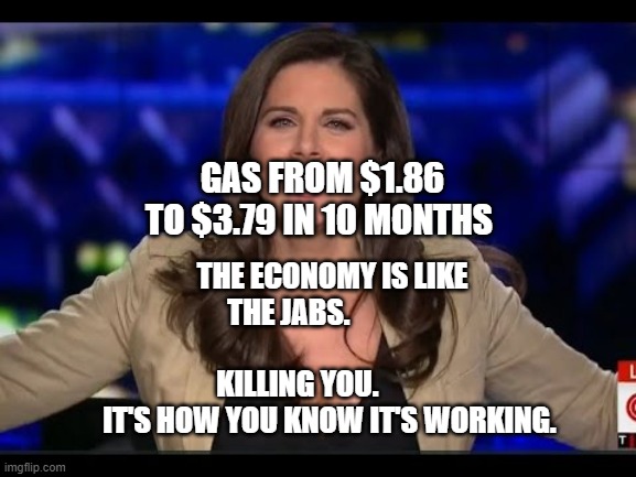 CNN Erin Burnett | GAS FROM $1.86 TO $3.79 IN 10 MONTHS; THE ECONOMY IS LIKE THE JABS.                                        KILLING YOU.             IT'S HOW YOU KNOW IT'S WORKING. | image tagged in cnn erin burnett | made w/ Imgflip meme maker