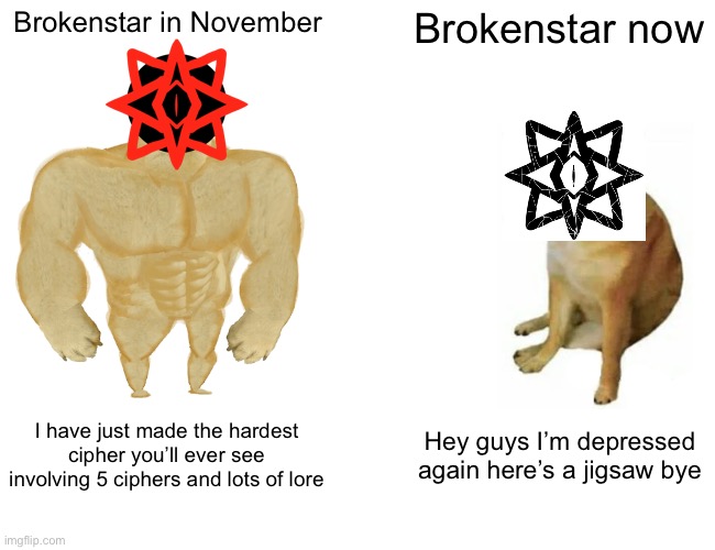Buff Doge vs. Cheems Meme | Brokenstar in November; Brokenstar now; I have just made the hardest cipher you’ll ever see involving 5 ciphers and lots of lore; Hey guys I’m depressed again here’s a jigsaw bye | image tagged in memes,buff doge vs cheems | made w/ Imgflip meme maker