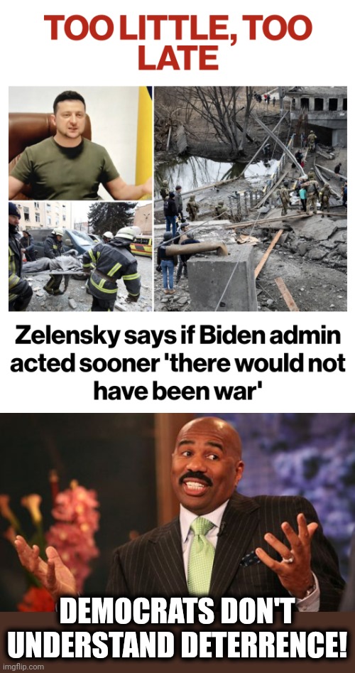 They only do appeasement | DEMOCRATS DON'T
UNDERSTAND DETERRENCE! | image tagged in memes,steve harvey,ukraine,russia,deterrence,war | made w/ Imgflip meme maker
