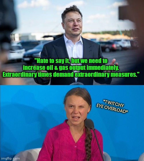 Elon Musk urges increased oil and gas production and Queen Greta Thunberg reacts |  "Hate to say it, but we need to increase oil & gas output immediately. Extraordinary times demand extraordinary measures."; *TWITCHY EYE OVERLOAD* | image tagged in greta thunberg,idiot,liberal logic,climate change cult,elon musk,political humor | made w/ Imgflip meme maker
