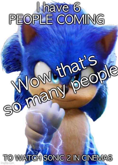 Sonic 2 | I have 6 PEOPLE COMING; Wow that’s so many people; TO WATCH SONIC 2 IN CINEMAS | image tagged in sonic 2 | made w/ Imgflip meme maker