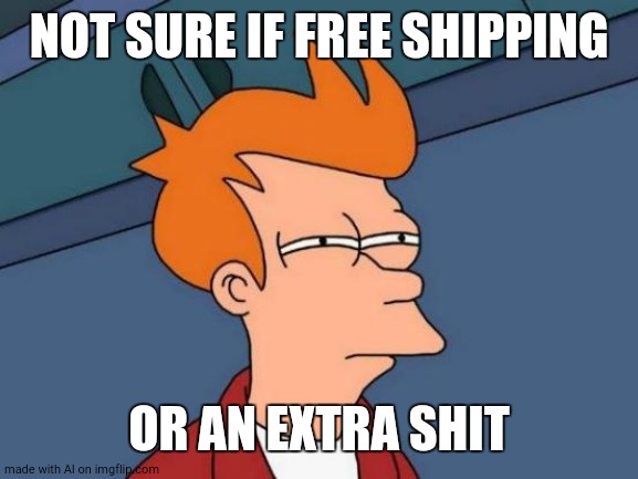 :D | NOT SURE IF FREE SHIPPING; OR AN EXTRA SHIT | image tagged in memes,futurama fry | made w/ Imgflip meme maker