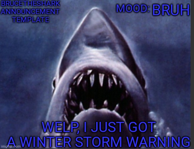 And for my area too | BRUH; WELP, I JUST GOT A WINTER STORM WARNING | image tagged in brucetheshark announcement temp | made w/ Imgflip meme maker