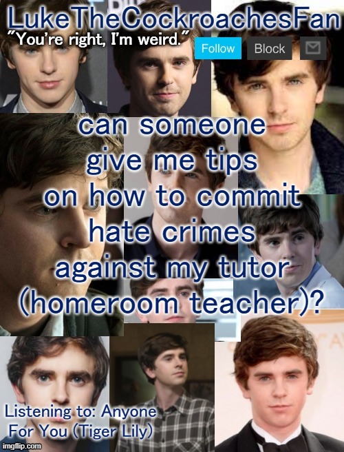 totally asking for a friend | can someone give me tips on how to commit hate crimes against my tutor (homeroom teacher)? Listening to: Anyone For You (Tiger Lily) | image tagged in freddie template 3 | made w/ Imgflip meme maker