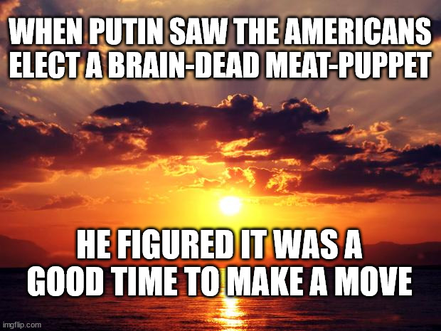 Sunset |  WHEN PUTIN SAW THE AMERICANS ELECT A BRAIN-DEAD MEAT-PUPPET; HE FIGURED IT WAS A GOOD TIME TO MAKE A MOVE | image tagged in sunset | made w/ Imgflip meme maker