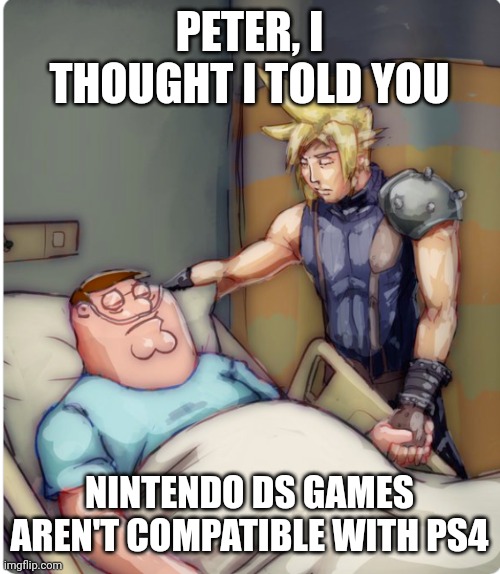 What did the cartridge being inserted into a ps4 do to him...? | PETER, I THOUGHT I TOLD YOU; NINTENDO DS GAMES AREN'T COMPATIBLE WITH PS4 | image tagged in e | made w/ Imgflip meme maker