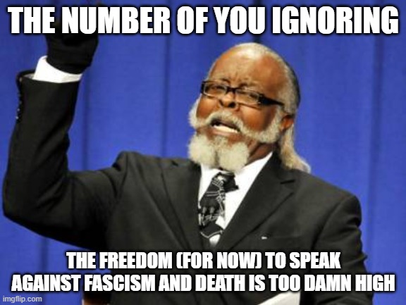 WW 3 then | THE NUMBER OF YOU IGNORING; THE FREEDOM (FOR NOW) TO SPEAK AGAINST FASCISM AND DEATH IS TOO DAMN HIGH | image tagged in memes,too damn high,putiin is as crazy maybe more than trump,wtf,wtf again | made w/ Imgflip meme maker