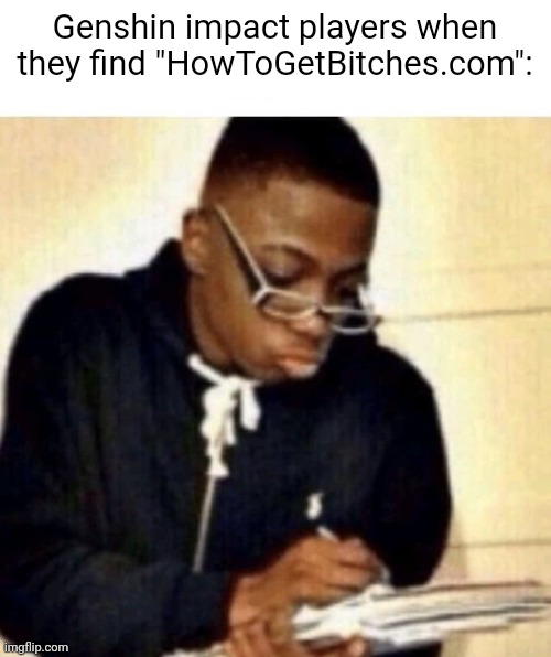 Write that down, WRITE THAT DOWN | Genshin impact players when they find "HowToGetBitches.com": | image tagged in e | made w/ Imgflip meme maker