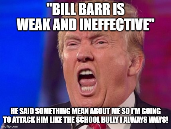 Angry Trump | "BILL BARR IS WEAK AND INEFFECTIVE"; HE SAID SOMETHING MEAN ABOUT ME SO I'M GOING TO ATTACK HIM LIKE THE SCHOOL BULLY I ALWAYS WAYS! | image tagged in angry trump | made w/ Imgflip meme maker
