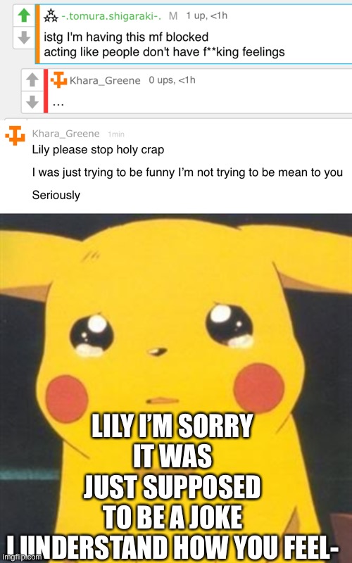 I made an alt to say this | LILY I’M SORRY
IT WAS JUST SUPPOSED TO BE A JOKE I UNDERSTAND HOW YOU FEEL- | image tagged in i'm sorry sad pikachu | made w/ Imgflip meme maker