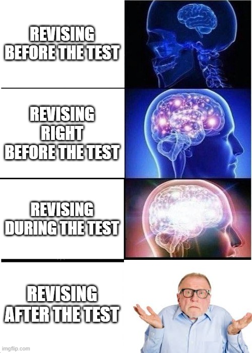 lol | REVISING BEFORE THE TEST; REVISING RIGHT BEFORE THE TEST; REVISING DURING THE TEST; REVISING AFTER THE TEST | image tagged in memes,expanding brain | made w/ Imgflip meme maker