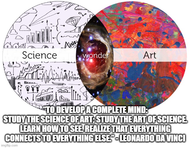 Art And Science: You Need Them Both | “TO DEVELOP A COMPLETE MIND:
STUDY THE SCIENCE OF ART; STUDY THE ART OF SCIENCE.
LEARN HOW TO SEE. REALIZE THAT EVERYTHING CONNECTS TO EVERYTHING ELSE.” - LEONARDO DA VINCI | image tagged in art,science,leonardo da vinci,when you see it,connection,everything | made w/ Imgflip meme maker