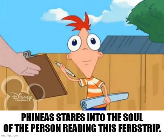 ferbstrip. | PHINEAS STARES INTO THE SOUL OF THE PERSON READING THIS FERBSTRIP. | image tagged in phineas stare | made w/ Imgflip meme maker