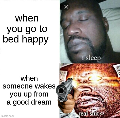 Sleeping Shaq Meme | when you go to bed happy; when someone wakes you up from a good dream | image tagged in memes,sleeping shaq | made w/ Imgflip meme maker