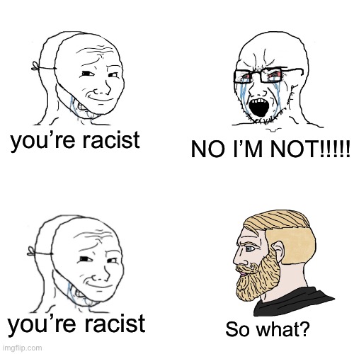 Yeah I love racing | NO I’M NOT!!!!! you’re racist; you’re racist; So what? | image tagged in crying wojak / i know chad meme | made w/ Imgflip meme maker