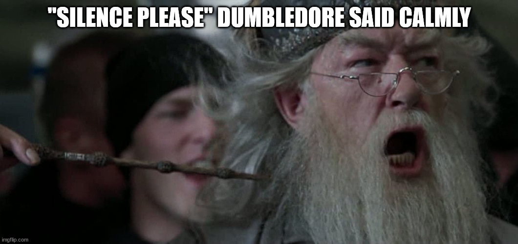 Dumbledore | "SILENCE PLEASE" DUMBLEDORE SAID CALMLY | image tagged in dumbledore | made w/ Imgflip meme maker