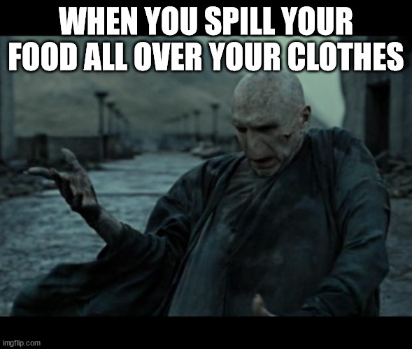 voldemort | WHEN YOU SPILL YOUR FOOD ALL OVER YOUR CLOTHES | image tagged in voldemort | made w/ Imgflip meme maker