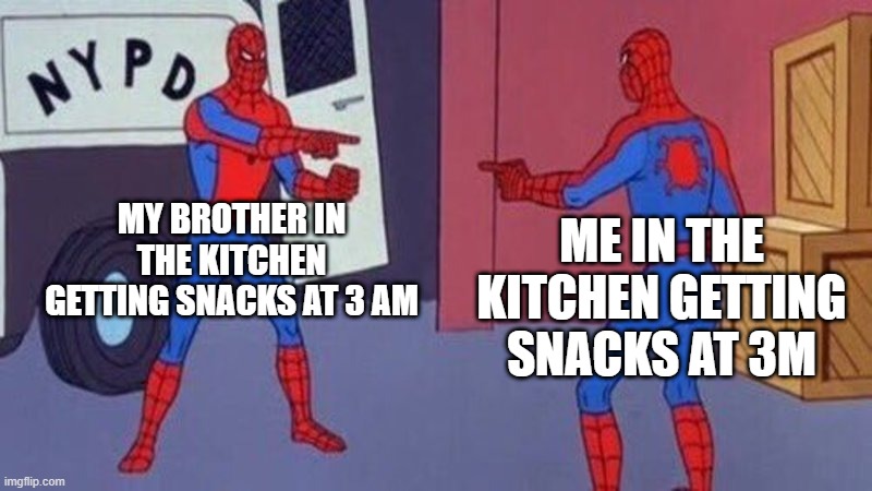 spiderman pointing at spiderman | MY BROTHER IN THE KITCHEN GETTING SNACKS AT 3 AM; ME IN THE KITCHEN GETTING SNACKS AT 3M | image tagged in spiderman pointing at spiderman | made w/ Imgflip meme maker