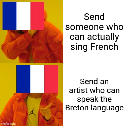 France in Eurovision this year | Send someone who can actually sing French; Send an artist who can speak the Breton language | image tagged in memes,drake hotline bling,eurovision,france,song | made w/ Imgflip meme maker