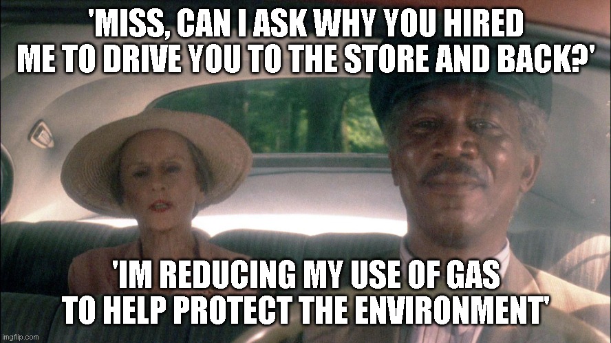 Carbon reduction policy logic. | 'MISS, CAN I ASK WHY YOU HIRED ME TO DRIVE YOU TO THE STORE AND BACK?'; 'IM REDUCING MY USE OF GAS TO HELP PROTECT THE ENVIRONMENT' | image tagged in driving miss daisy | made w/ Imgflip meme maker