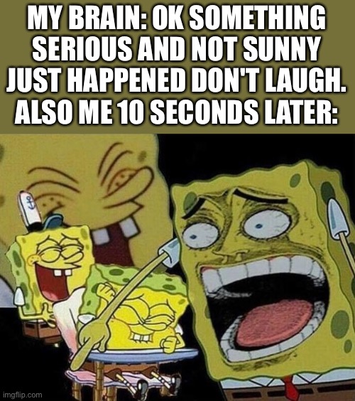 Why brain why | MY BRAIN: OK SOMETHING SERIOUS AND NOT SUNNY JUST HAPPENED DON'T LAUGH.
ALSO ME 10 SECONDS LATER: | image tagged in spongebob laughing hysterically | made w/ Imgflip meme maker