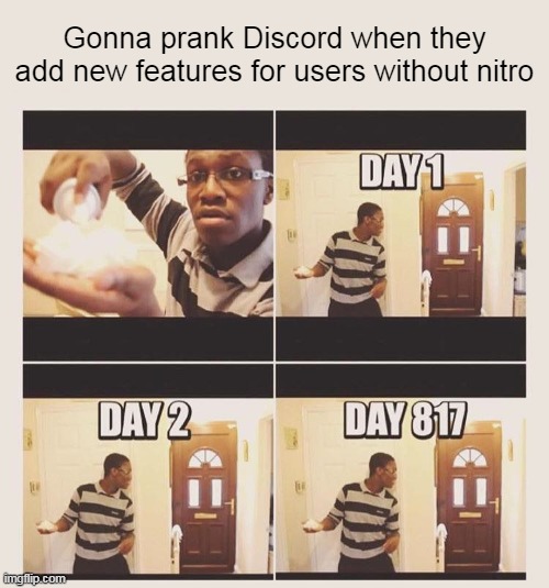 As a Discord user without nitro, I can confirm this | Gonna prank Discord when they add new features for users without nitro | image tagged in gonna prank x when he/she gets home,discord,memes | made w/ Imgflip meme maker
