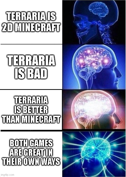 Terraria & Minecraft | TERRARIA IS 2D MINECRAFT; TERRARIA IS BAD; TERRARIA IS BETTER THAN MINECRAFT; BOTH GAMES ARE GREAT IN THEIR OWN WAYS | image tagged in memes,expanding brain | made w/ Imgflip meme maker