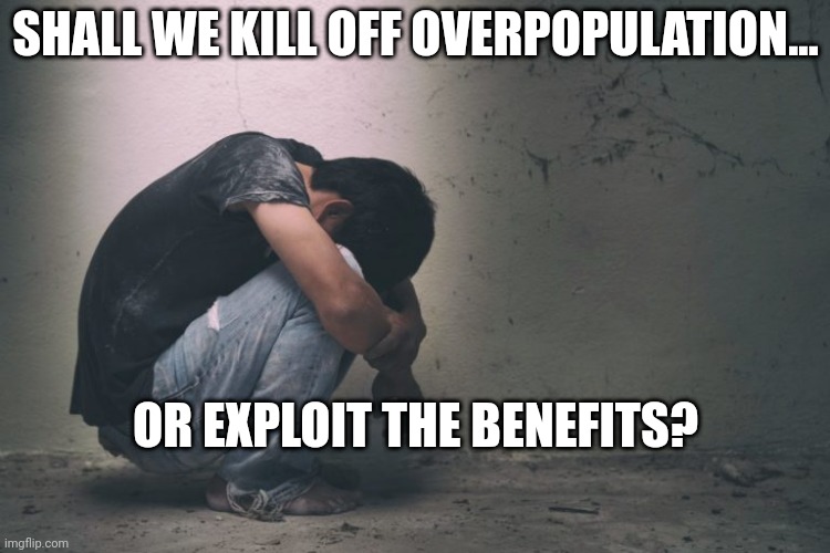 SHALL WE KILL OFF OVERPOPULATION... OR EXPLOIT THE BENEFITS? | image tagged in overpopulation | made w/ Imgflip meme maker