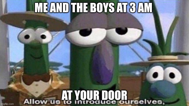 mm yes | ME AND THE BOYS AT 3 AM; AT YOUR DOOR | image tagged in veggietales 'allow us to introduce ourselfs' | made w/ Imgflip meme maker