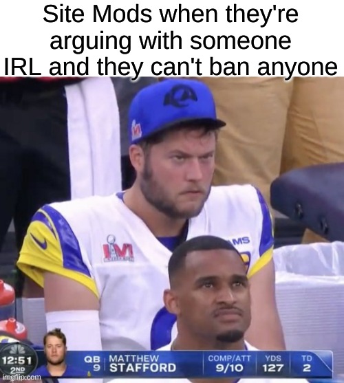 Angry Stafford | Site Mods when they're arguing with someone IRL and they can't ban anyone | image tagged in angry stafford | made w/ Imgflip meme maker