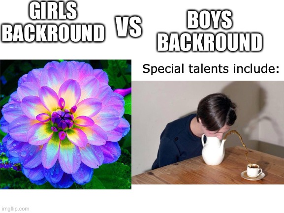 Am i right or am i wright? Wait... | GIRLS BACKROUND; BOYS BACKROUND; VS; Special talents include: | image tagged in blank white template | made w/ Imgflip meme maker