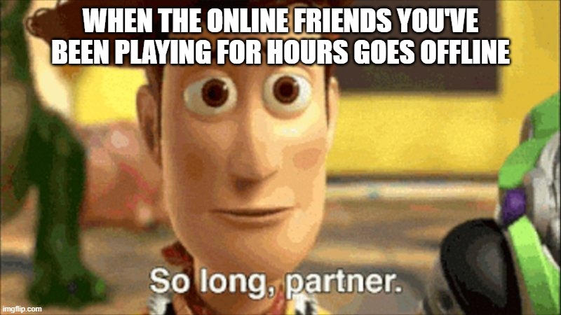 so long partner | WHEN THE ONLINE FRIENDS YOU'VE BEEN PLAYING FOR HOURS GOES OFFLINE | image tagged in so long partner,online friends,online,friends,internet,gaming | made w/ Imgflip meme maker