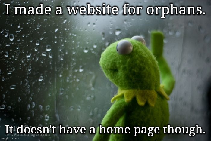 So sad...... | I made a website for orphans. It doesn't have a home page though. | image tagged in kermit window | made w/ Imgflip meme maker