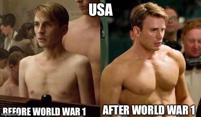Merica | USA; BEFORE WORLD WAR 1; AFTER WORLD WAR 1 | image tagged in steve rogers before and after | made w/ Imgflip meme maker