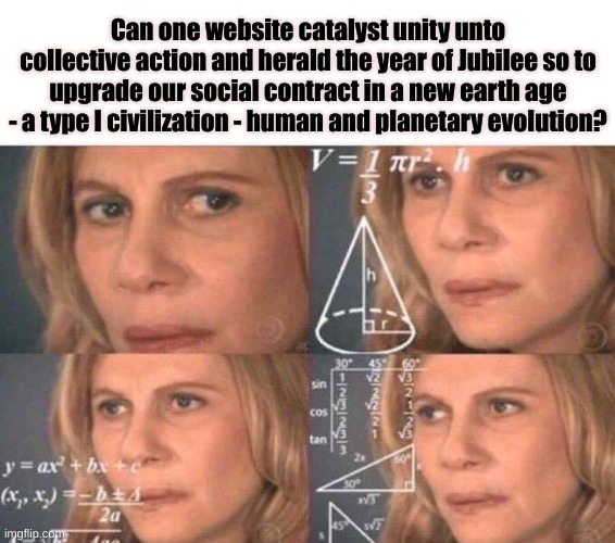 2020's perfect vision | Can one website catalyst unity unto collective action and herald the year of Jubilee so to upgrade our social contract in a new earth age - a type I civilization - human and planetary evolution? | image tagged in math lady/confused lady | made w/ Imgflip meme maker