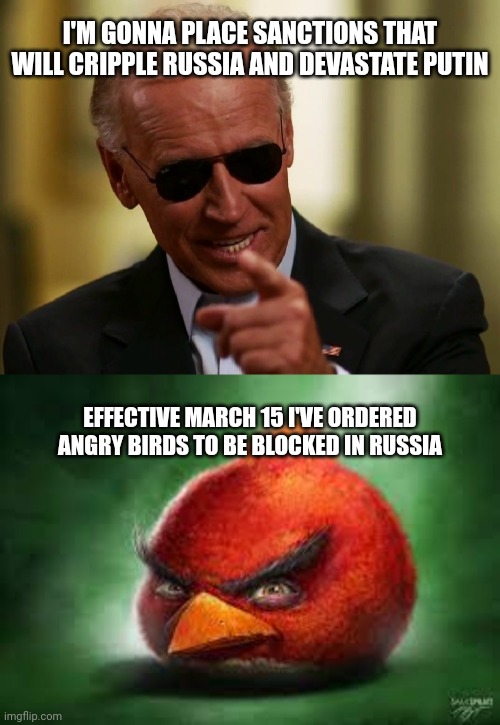 Biden Gets Serious With Sanctions | I'M GONNA PLACE SANCTIONS THAT WILL CRIPPLE RUSSIA AND DEVASTATE PUTIN; EFFECTIVE MARCH 15 I'VE ORDERED ANGRY BIRDS TO BE BLOCKED IN RUSSIA | image tagged in cool joe biden,realistic red angry birds,tough guy,sad | made w/ Imgflip meme maker