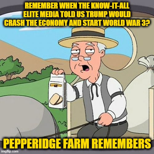 Pepperidge Farm Remembers Meme | REMEMBER WHEN THE KNOW-IT-ALL ELITE MEDIA TOLD US TRUMP WOULD CRASH THE ECONOMY AND START WORLD WAR 3? PEPPERIDGE FARM REMEMBERS | image tagged in memes,pepperidge farm remembers | made w/ Imgflip meme maker