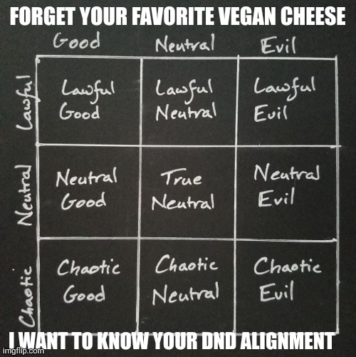 Alignment Chart | FORGET YOUR FAVORITE VEGAN CHEESE; I WANT TO KNOW YOUR DND ALIGNMENT | image tagged in alignment chart | made w/ Imgflip meme maker