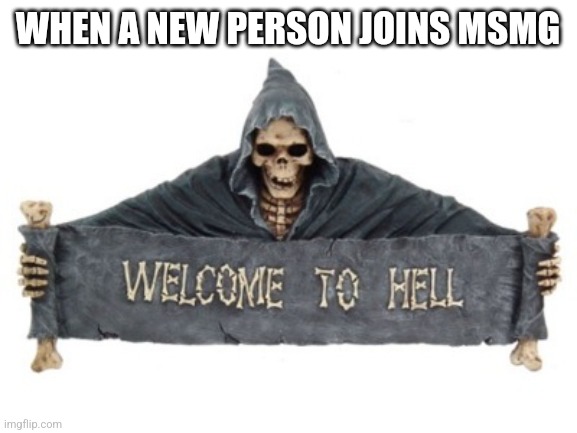Welcome to comedy hell ඞඞඞ | WHEN A NEW PERSON JOINS MSMG | image tagged in welcome to hell | made w/ Imgflip meme maker