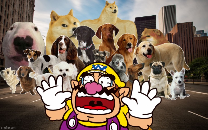 Wario dies by a stampede of dogs | image tagged in wario dies,wario,doge,cheems,walter,animals | made w/ Imgflip meme maker