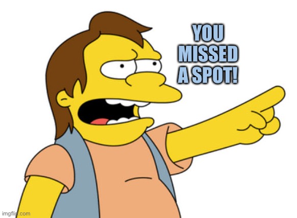 Nelson Muntz haha | YOU MISSED A SPOT! | image tagged in nelson muntz haha | made w/ Imgflip meme maker