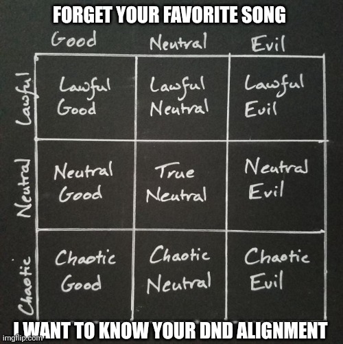 Alignment | FORGET YOUR FAVORITE SONG; I WANT TO KNOW YOUR DND ALIGNMENT | image tagged in alignment chart | made w/ Imgflip meme maker