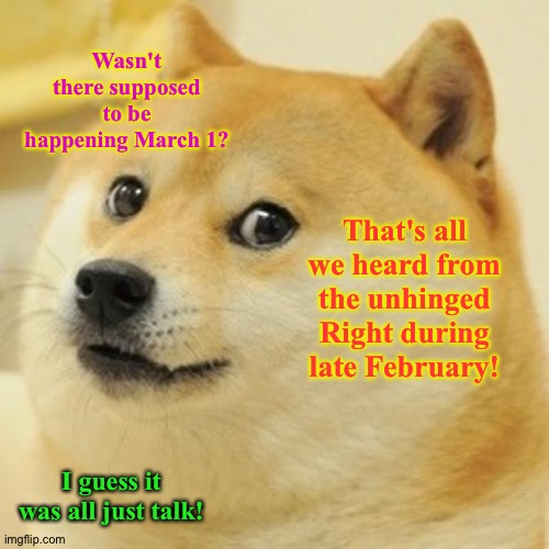 What was that about?  Something about some civil war or something? | Wasn't there supposed to be happening March 1? That's all we heard from the unhinged Right during late February! I guess it was all just talk! | image tagged in memes,doge | made w/ Imgflip meme maker