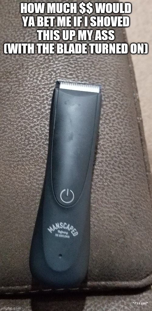 I'm joking but if i was fr then what's the bet | HOW MUCH $$ WOULD YA BET ME IF I SHOVED THIS UP MY ASS (WITH THE BLADE TURNED ON); *it's a joke* | made w/ Imgflip meme maker