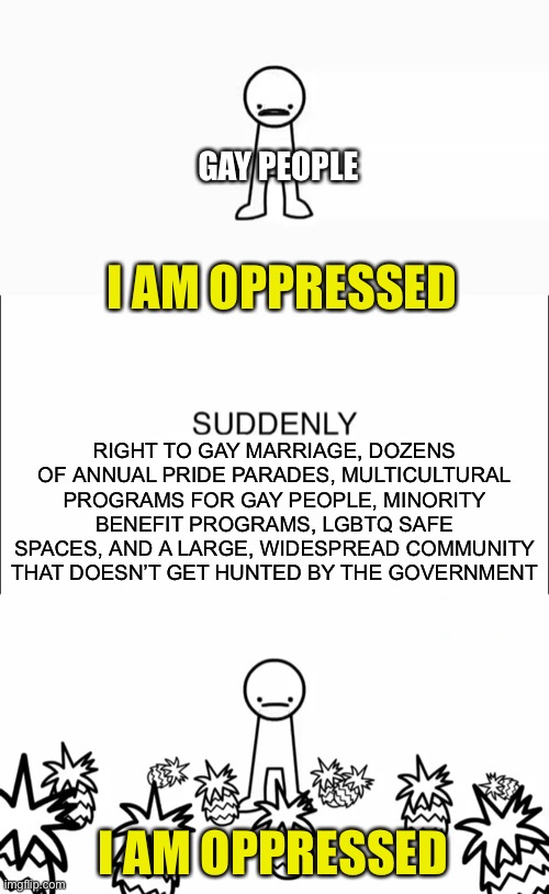 IM BEING PHOBIC | GAY PEOPLE; I AM OPPRESSED; RIGHT TO GAY MARRIAGE, DOZENS OF ANNUAL PRIDE PARADES, MULTICULTURAL PROGRAMS FOR GAY PEOPLE, MINORITY BENEFIT PROGRAMS, LGBTQ SAFE SPACES, AND A LARGE, WIDESPREAD COMMUNITY THAT DOESN’T GET HUNTED BY THE GOVERNMENT; I AM OPPRESSED | made w/ Imgflip meme maker