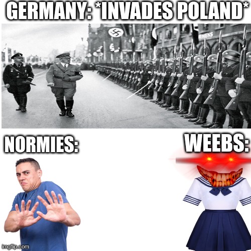 Blank Transparent Square Meme | GERMANY: *INVADES POLAND*; WEEBS:; NORMIES: | image tagged in memes,blank transparent square | made w/ Imgflip meme maker