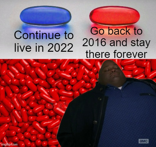 Go back to 2016 and stay there forever; Continue to live in 2022 | image tagged in 2016,red pill | made w/ Imgflip meme maker