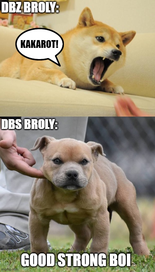 Good broccoli xD | DBZ BROLY:; KAKAROT! DBS BROLY:; GOOD STRONG BOI | image tagged in angry doge,memes,funny,doge,broly | made w/ Imgflip meme maker