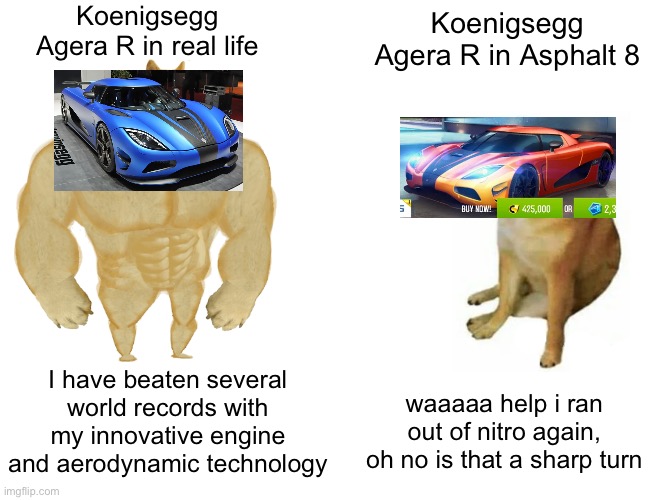 still waiting for it to be buffed | Koenigsegg Agera R in real life; Koenigsegg Agera R in Asphalt 8; I have beaten several world records with my innovative engine and aerodynamic technology; waaaaa help i ran out of nitro again, oh no is that a sharp turn | image tagged in memes,buff doge vs cheems,asphalt 8,koenigsegg,bruh,cars | made w/ Imgflip meme maker