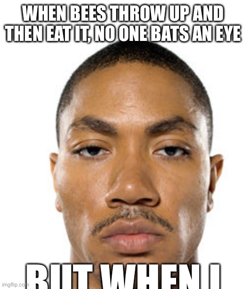 Cry about it | WHEN BEES THROW UP AND THEN EAT IT, NO ONE BATS AN EYE; BUT WHEN I | image tagged in cry about it | made w/ Imgflip meme maker